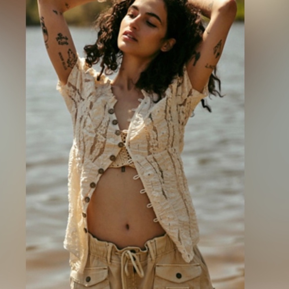 Free People Cream Knit Button-Up Top